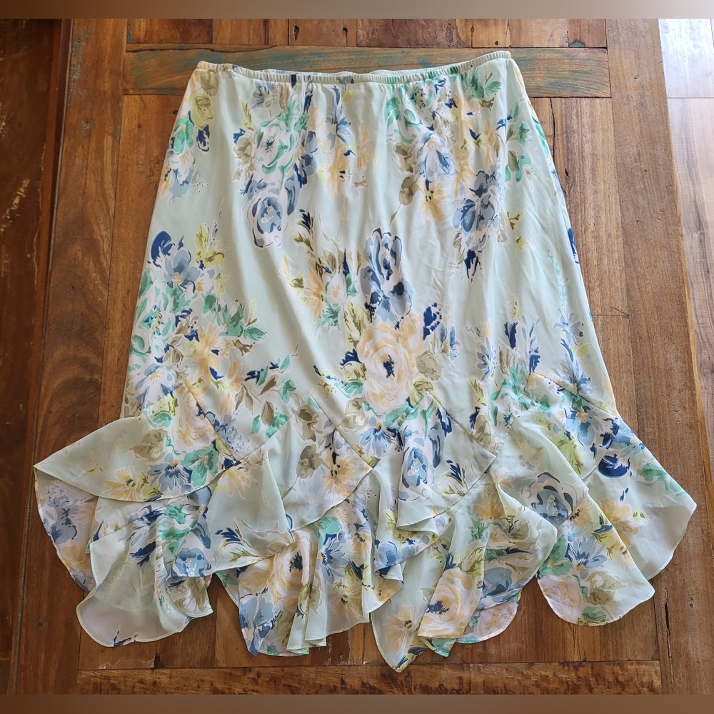 Anne Maxwell Womens 28w Floral Flowy Midi Skirt Chiffon Green Blue Yellow B6